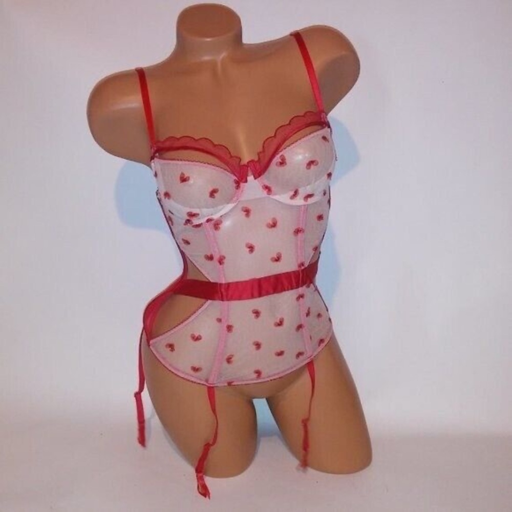 Victoria Secret Lingerie 32D Bustier Corset Garter Straps Red Beige Hearts